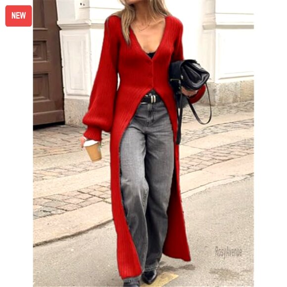 V-Neck Button Down Long Cardigan Chunky Knit Maxi Coat Sweater Dress - Picture 7 of 7